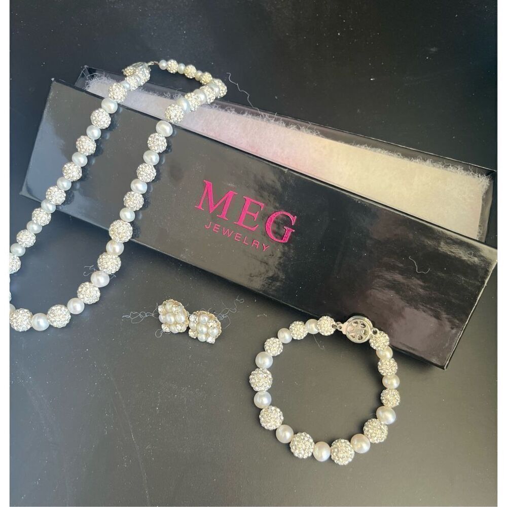 Meg Jewelry 3 Piece Faux Peal and Stone Bridal Set with Necklace, Earrings, and